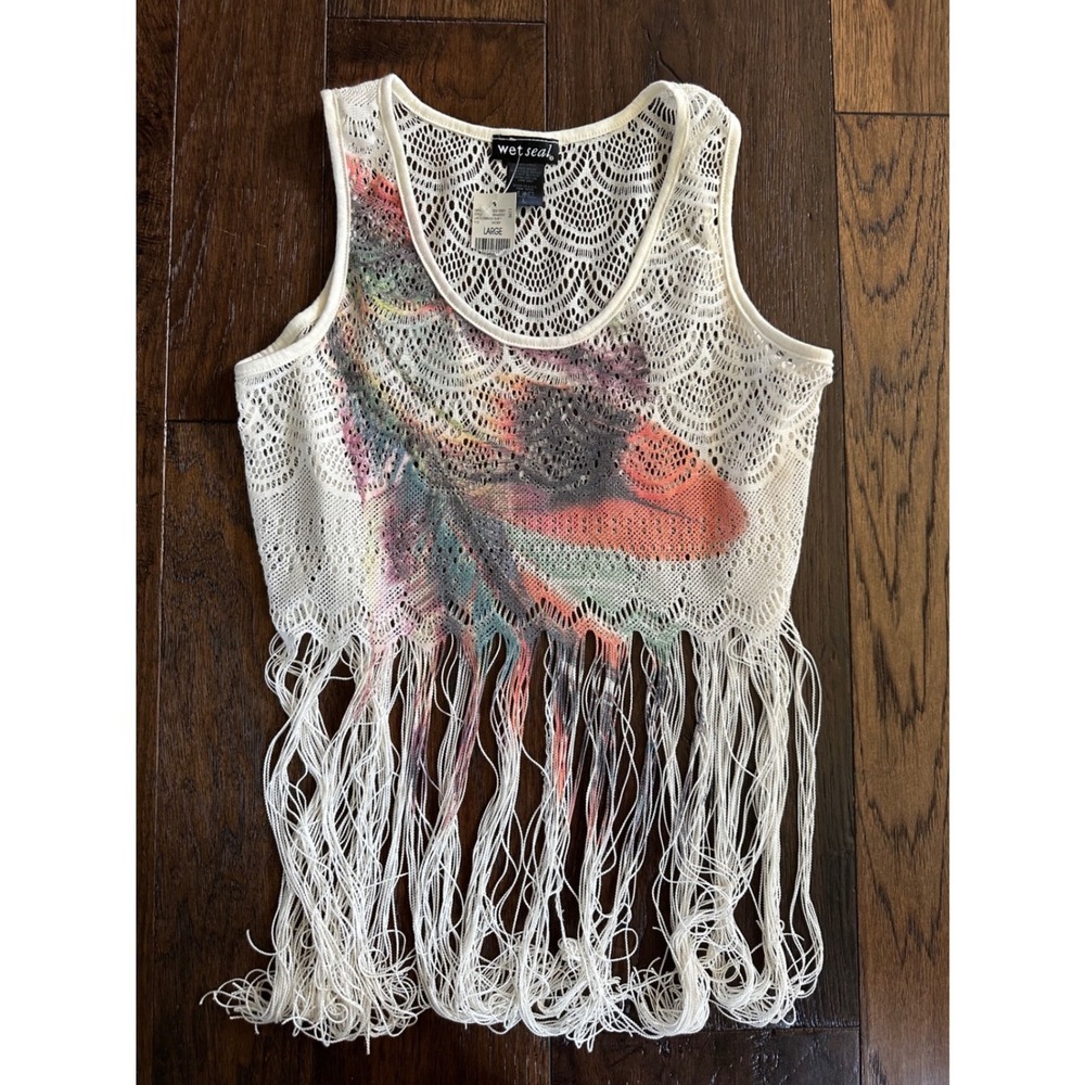 Wet Seal Crochet Fringe Crop Top Feather Graphic Print Boho Festival Cream Large